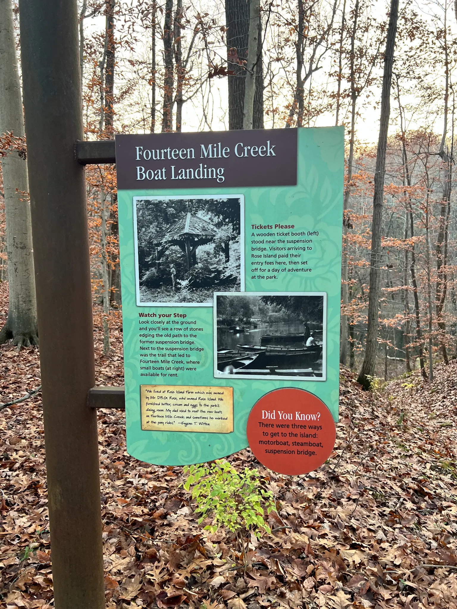 Boat Landing Sign Historical marker sign for the boat landing at Rose Island, Indiana