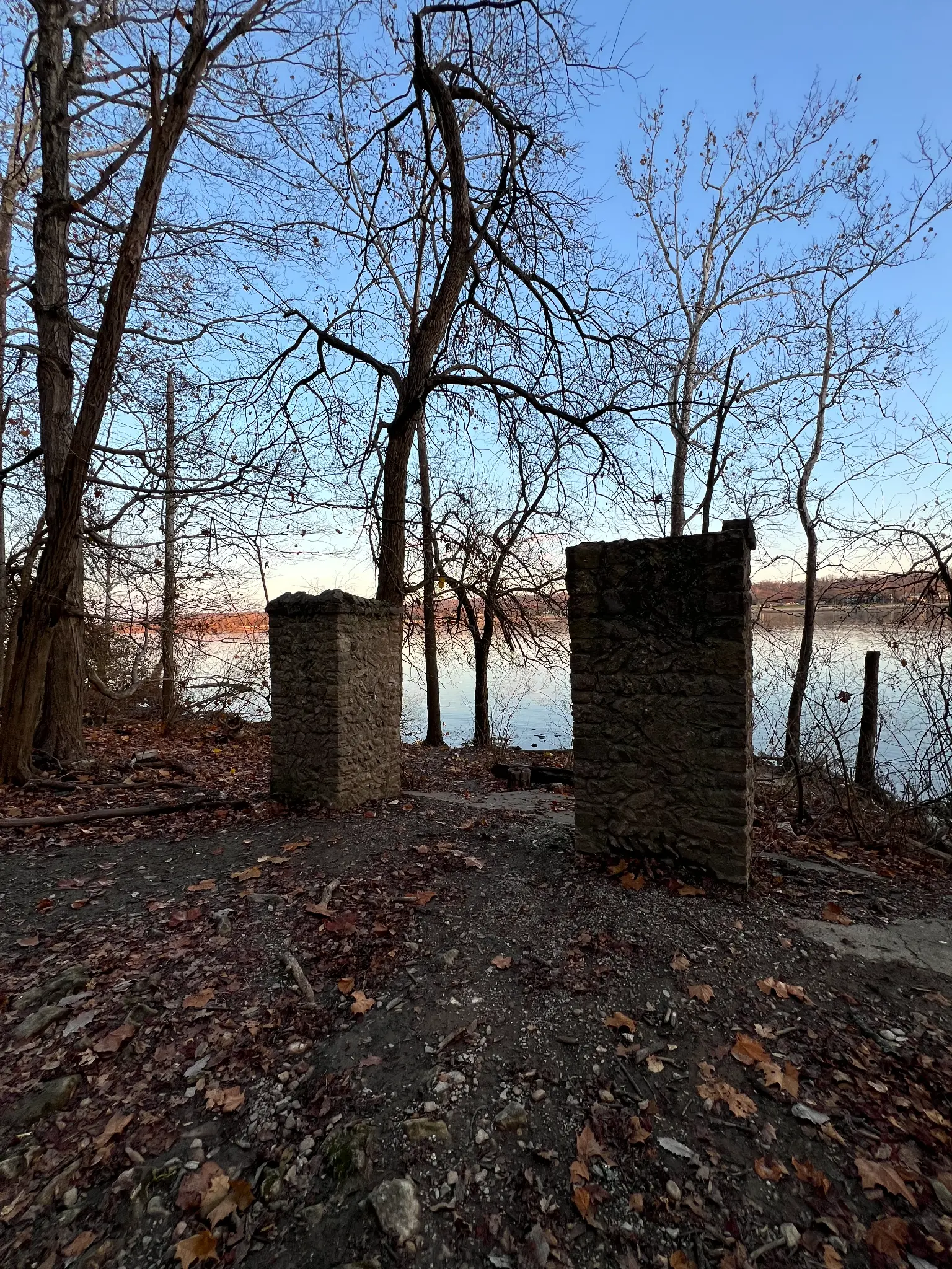Rose Island Sign Pillars Historic stone pillars that held the Rose Island, Indiana welcome sign at the steamboat dock