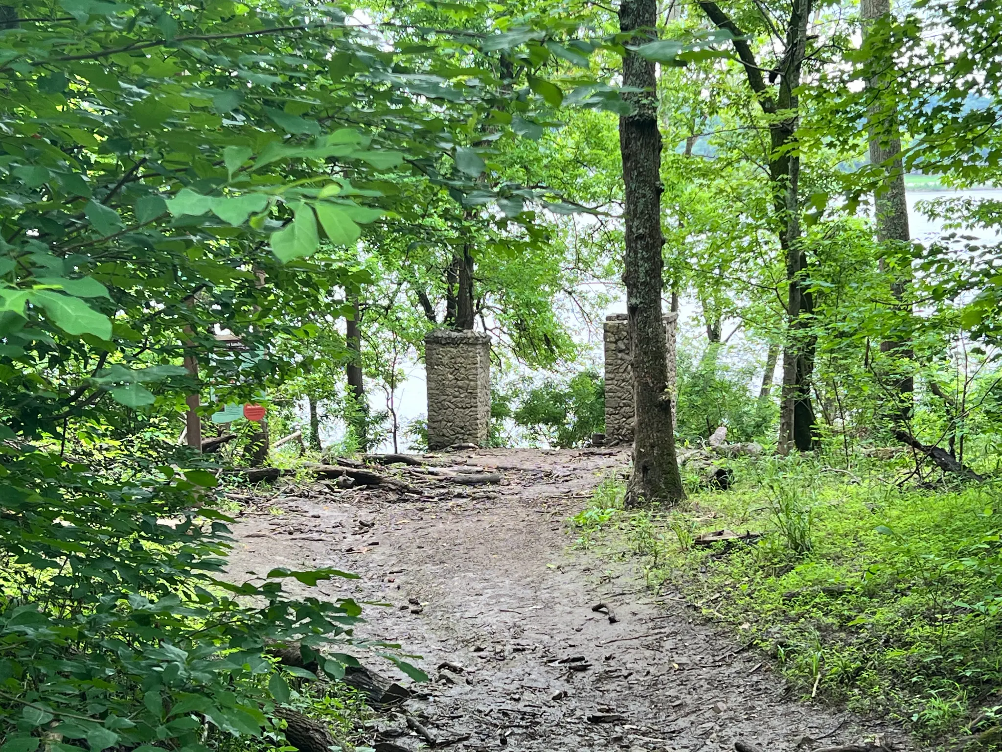 Historic trail path leading to Rose Island Amusement Resort ruins in Indiana